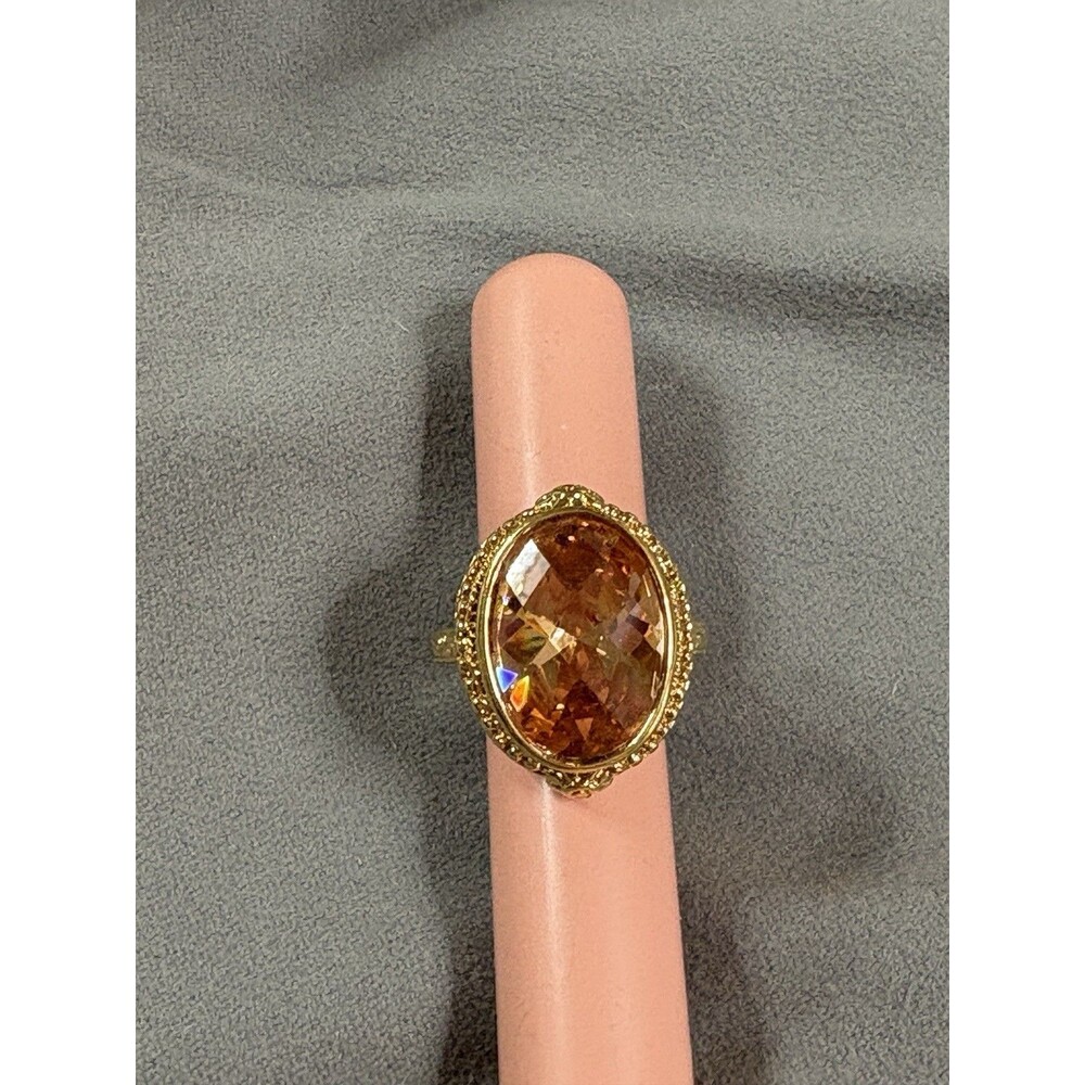 Vtg Gold Tone Cocktail Ring Large Pear Shape Amber Colored Faceted Stone 7.5